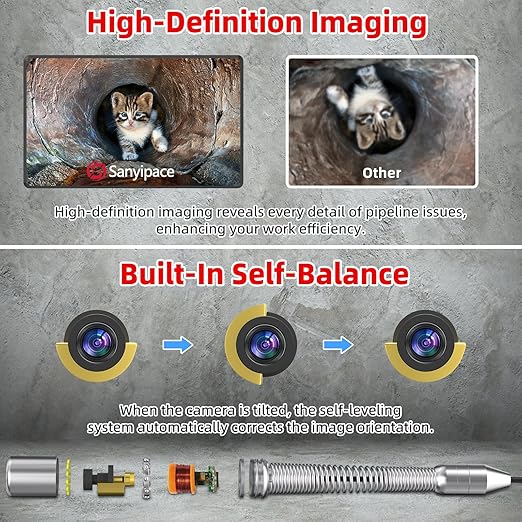 Sanyipace Sewer Camera 100FT/30M with 512Hz Transmitter, Drain Camera Pipe Inspection Camera with Self-Leveling, Clear Meter Marks, IP68 Waterproof, 9" HD Color Screen, Video Record up to 128GB