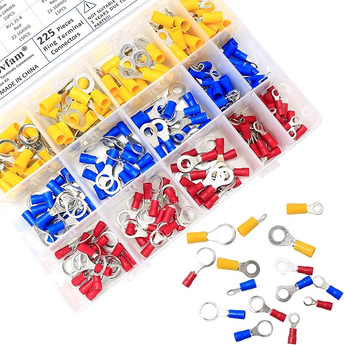 225Pcs Ring Terminals Electrical Wire Crimp Connectors Assortment Kit Yellow, Blue, Red