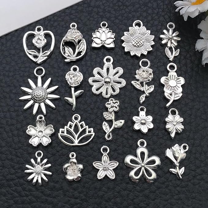 WOCRAFT 60pcs Bright Silver Flowers Bracelet Charms - Image 5
