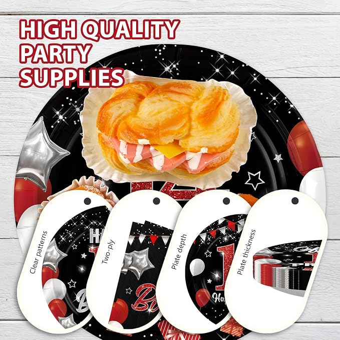 96Pcs Red and Black Party Decorations Happy 14th Birthday Plates and Napkins - Image 6