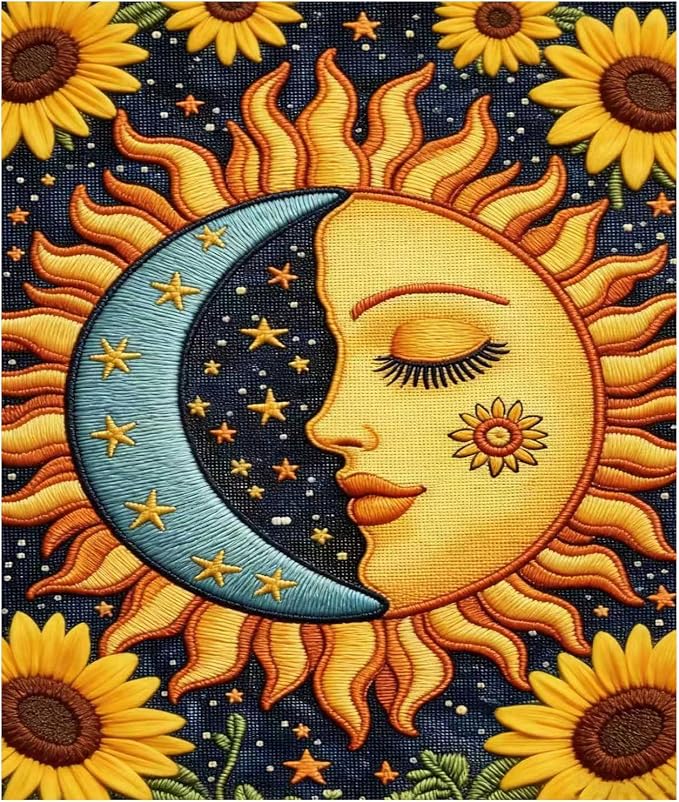 WYBQFDJ Sunflower Sun & Moon Beginner Cross Stitch Kit, 11.8 x 15 in | by Unknown