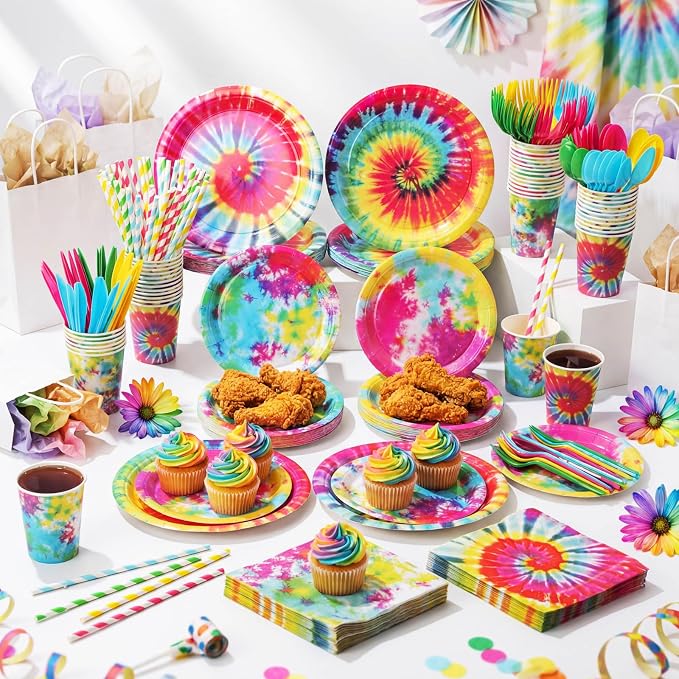 450 Pcs Tie Dye Party Tableware Set Decorations Rainbow Birthday Paper Plates - Image 6