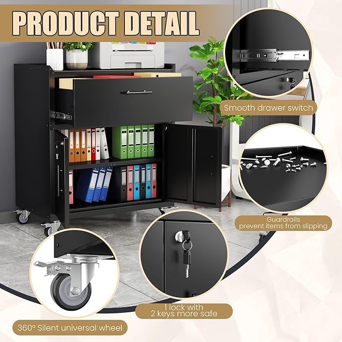 Metal Storage Cabinet, Locking Storage Cabinet with Drawer and Adjustable Shelf, Rolling Tool Cabinets for Garage, Office, Black, Assembly Required (18.4" D x 30.3" W x 35.39" H)