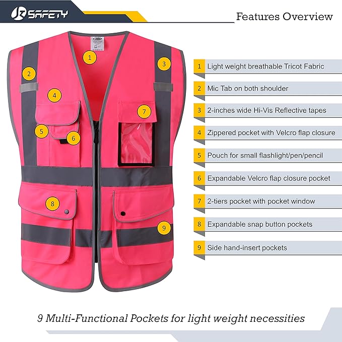 JKSafety 9 Pockets Class 2 High Visibility Zipper Front Safety Vest With Reflective Strips, Meets ANSI/ISEA Standards (Large, 150-Pink)
