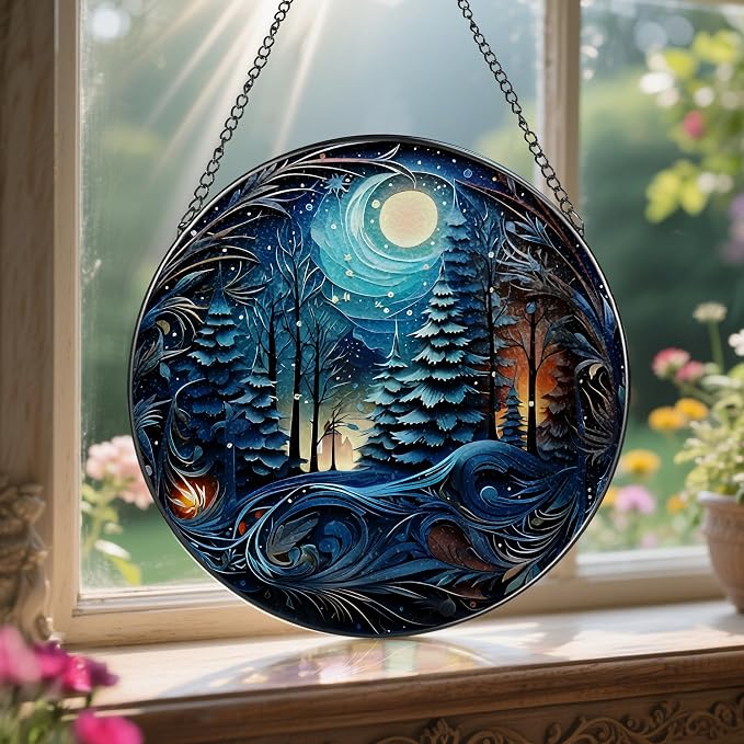 8-Inch Starry Night Forest Suncatcher Ornament, Stained Glass Window Hanging & - Image 5