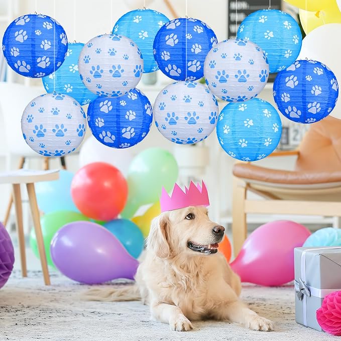 Panelee 12 Pcs Dog Paw Print Paper Lanterns Puppy Themed Party Decorations Blue - Image 4