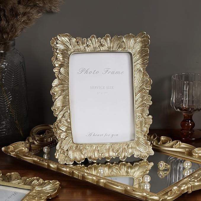 Cuspin 5x7 Picture Frame Gold Frames, Vintage Ornate Palm Leaves Textured - Image 7