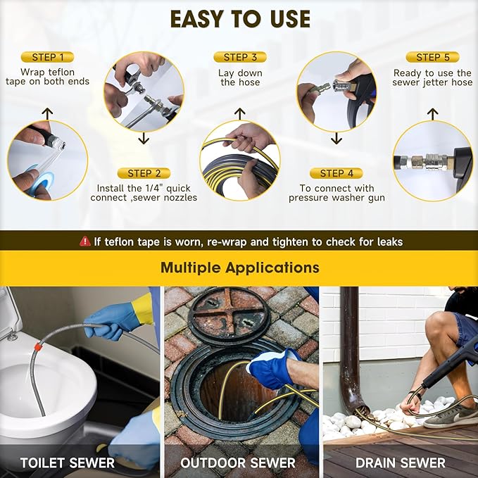 Sewer Jetter Kit for Pressure Washer, 5800PSI Drain Cleaner Hose 1/4 Inch NPT Corner,Showerhead,Rotating rotates,Mushroom Nose,Corner Sewer Nozzle(150FT)