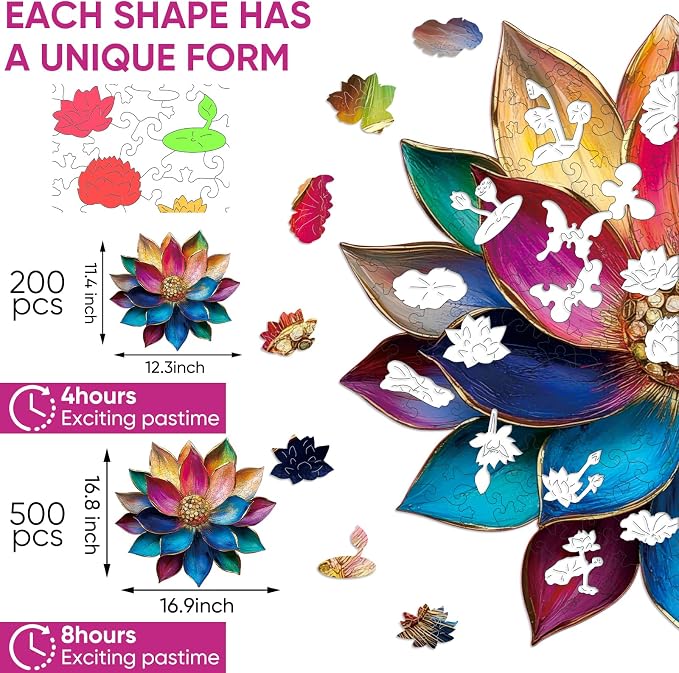 Wooden Puzzles for Adults, Lotus Flower Jigsaw Puzzles 5MM, 200 Pieces Unique - Image 2