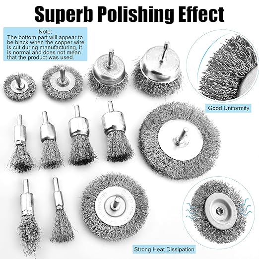 Wire Brush for Drill Set, 12Pcs Cup, Wheel & End Brush Kit with 1/4” Shank, Carbon Steel Drill Brush Attachments for Rust Removal, Stripping, and Abrasive