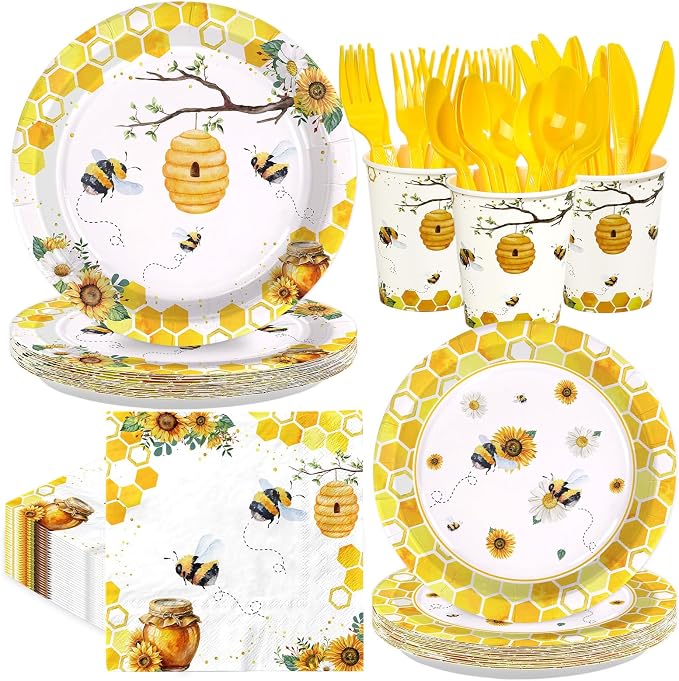 168 Pcs Bee Birthday Party Decoration, Serves 24 | Bumble Bee Plate Napkin Cup by Greencian