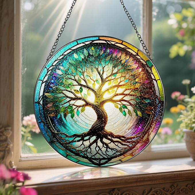 Stained Glass Window Hanging, LAOWEIKI 8'' Tree of Life Suncatcher, Stained - Image 5