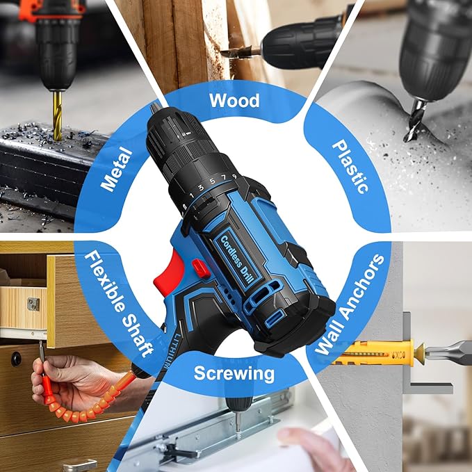 Cordless Drill, 20V Power Drill, Double 2000mAh Power Pack Electric Drills, Cordless Drills with Power Pack and Charger, 3/8" Keyless Chuck Screwdriver with 25+1 Max 370 In-lb Torque, 42Pcs Bits