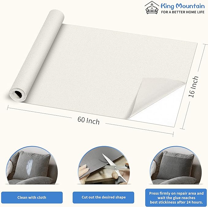KING MOUNTAIN Canvas Repair Patch 16×60 Inch Self-Adhesive Waterproof Fabric Patch for Sofas, Tents, Furniture,Tote Bags, Car Seats (Off White)