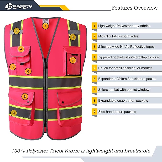JKSafety 9 Pockets High Visibility Zipper Front Safety Vest | Pink with Dual Tone High Reflective Strips | Meets ANSI/ISEA Standards (901-Pink, XX-Large)