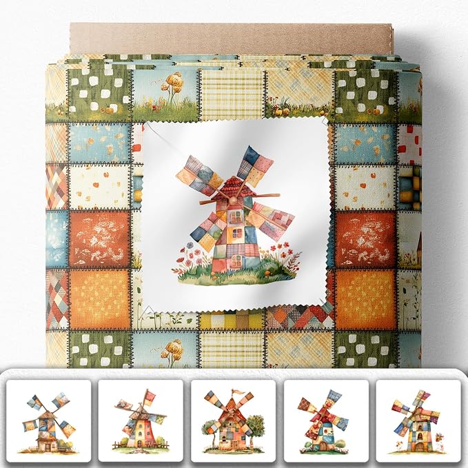 Patchwork Fabric Panel with Windmill Designs – 100% Cotton Satin, 6 Printed - Image 2