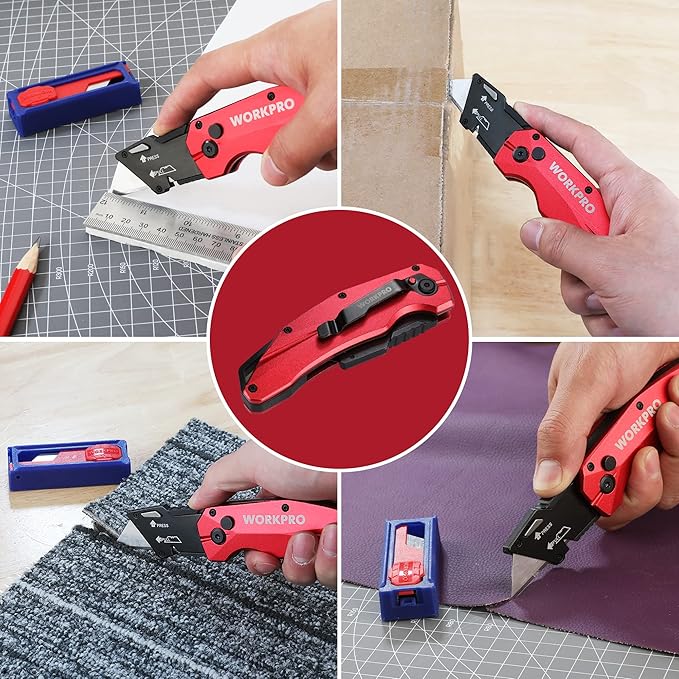 WORKPRO Folding Utility Knife, Heavy Duty Metal, Quick Open Axis Lock Box Cutter, Quick Change Blade Razor Knife, 1PC with 10 Extra SK5 Blades