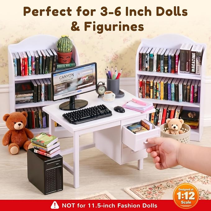 1:12 Scale Mini Desk Set with 100 Mini Books & 2 Bookshelves — Miniature - Image 3