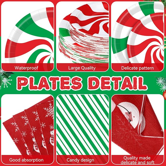 Pickmesh 400 Pcs Christmas Peppermint Candy Paper Plates Napkins Cups Cutlery - Image 2