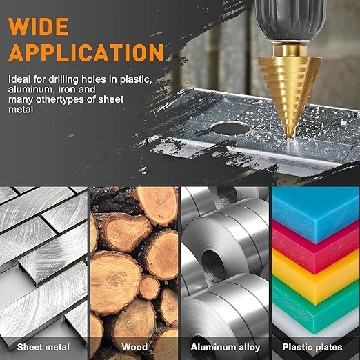 INTHEEND 10 Sizes Step Drill Bit 1/4"–1-3/8", 1/4" Hex Shank HSS Spiral Grooved Steps Drill Bit, Titanium Coating, Large Step Drill Bit for Hole Drilling Cutting for Metal, Aluminum, Wood, Plastic