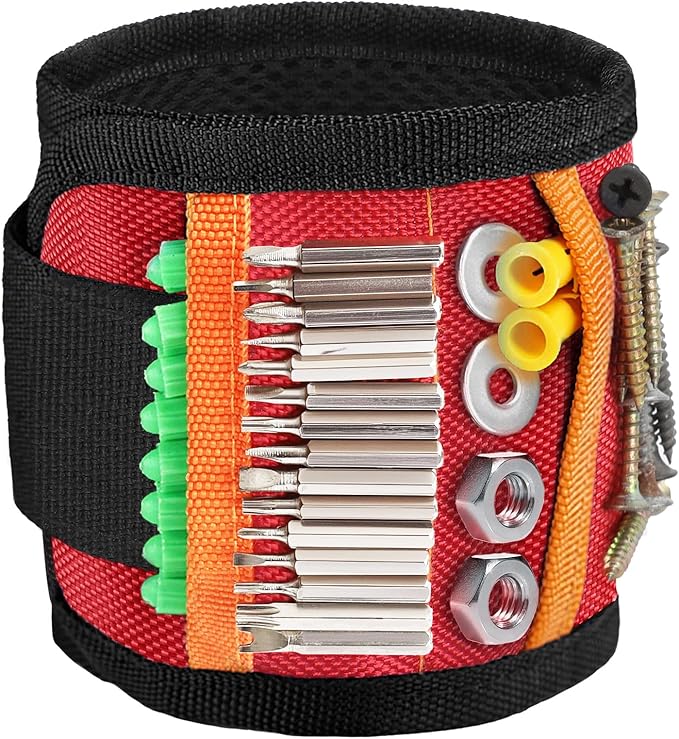 vidsel Magnetic Tool Holder Belt & Wrist-Band (15 N38 Magnets), Adjustable Work Gadget for Electricians/DIY/HVAC, Screws, Nails, Drill Bits Organizer, Birthday Gift for Men, Dad, Husband, Red