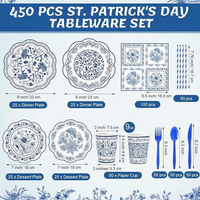 450 Pcs Blue Floral Tableware Set Decorations Blue White Chinoiserie Floral - Image 2