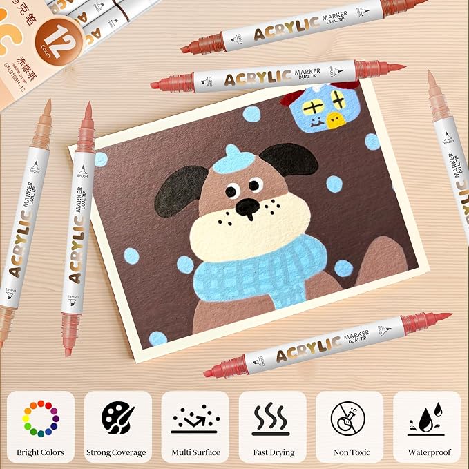 Reddish Brown Acrylic Paint Pens, Water Based 12 Colors Dual Tip Acrylic Paint - Image 4