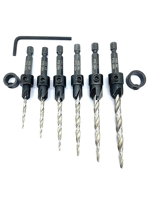 FTG USA Adjustable Wood Countersink Drill Bit Set 6 Sizes Set with Tapered Drill Bit for Woodworking