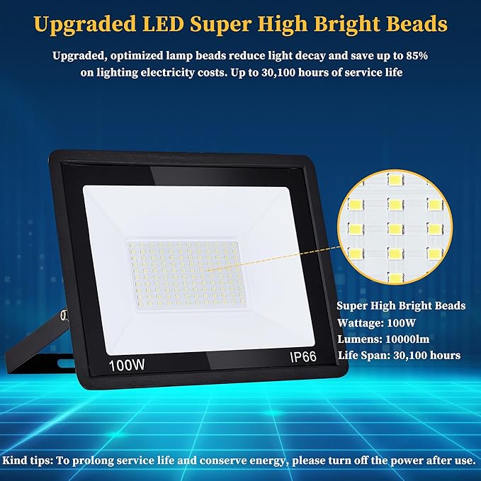 4 Pack 100W LED Flood Lights Outdoor, 10000 LM Super Bright Security Lights, Portable IP66 Waterproof LED Work Light with Plug, 6000K Daylight White Floodlights for Garage Yard Garden Playground Patio