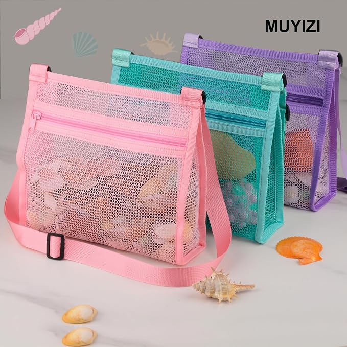 MUYIZI Mesh Beach Bag for Shells Collecting 3 Pack, Shell Bags for Beach - Image 2