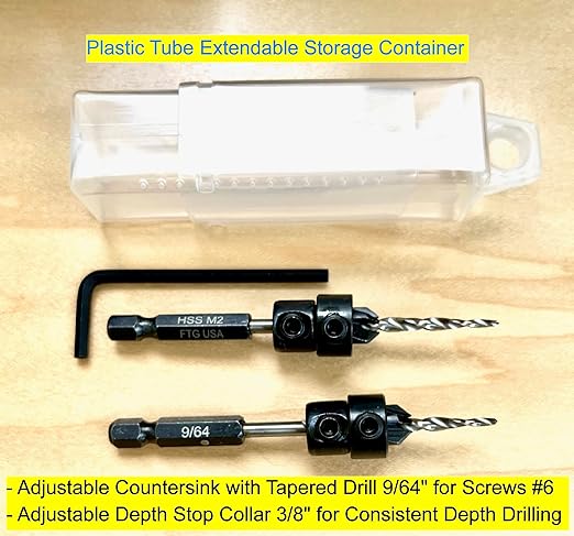 FTG USA Countersink Drill Bit Set 2 Pc #6 (9/64") Wood Countersink Drill Bit, Pro Pack Countersink Set, Tapered Countersink Bit, Stop Collar, Hex Wrench, Woodworking Countersink Drill Bits