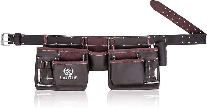 LAUTUS Oil Tanned Leather Tool Belt/Pouch/Bag, Carpenter, Construction, Framers, Handyman, Electrician - 100% LEATHER