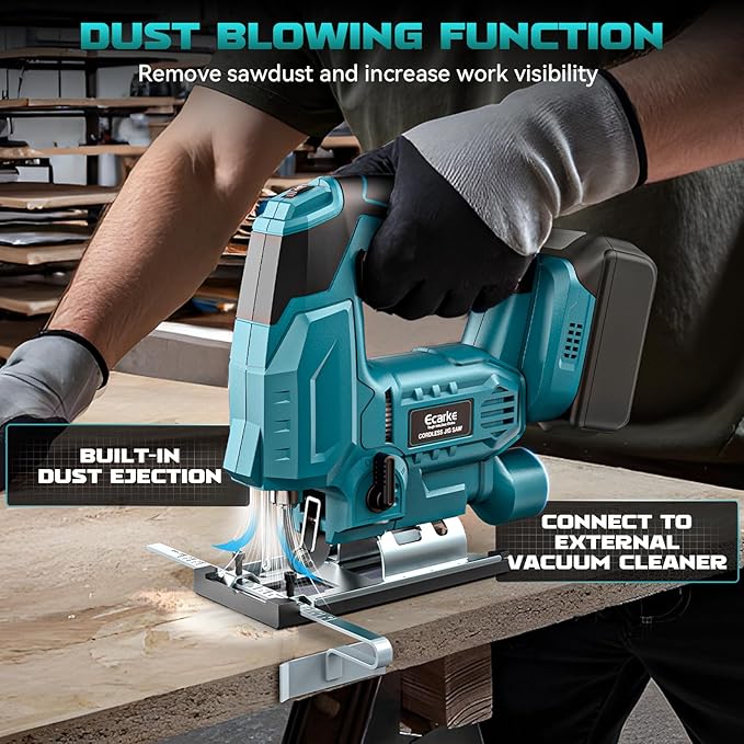 Jig Saw Compatible With Makita 18V Battery, Cordless Jigsaw Tool Brushless Motor With 6 Variable Speeds, 4 Orbital Sets, ±45° Bevel Cuts, LED Light and 6PCS Blades For Cutting (Without Battery)