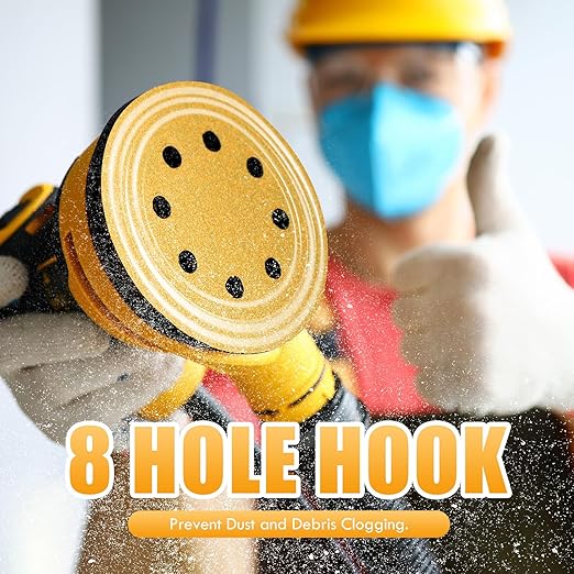 Maxdot 200 Pcs 5 Inch Sanding Discs 8-Hole Hook and Loop Gold Sandpaper Mixed Grits, 60, 80, 100, 120, 150, 220, 320, 400, 600, 800 for Random Orbit Sander