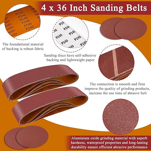 4 x 36 Inch Alumina Sanding Belts (80/120/150/240/400 Grits) and 6 Grits 6-Inch Self Stick No Hole Sanding Disc 11PCS Set for Aluminum Oxide Sanders, Sandpaper for Wood Metal Stainless Steel