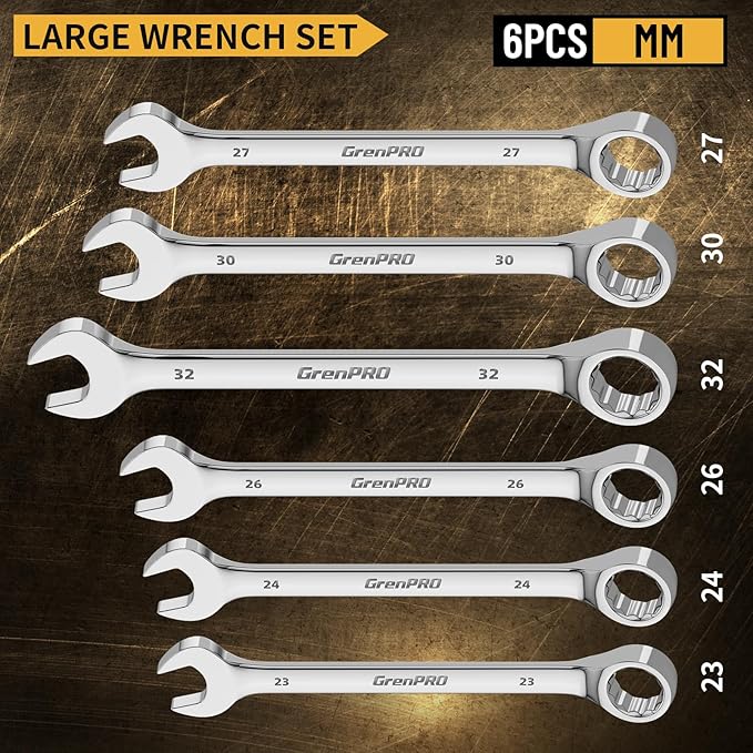 Metric Wrench Set, Large Wrench Set Metric and Standard, 7PC 23mm, 24mm, 26mm, 27mm, 30mm, 32mm Long Big Open End Wrench Tool Set Roll Up Pouch Organizer with Gauge, Combination Wrenches Sets