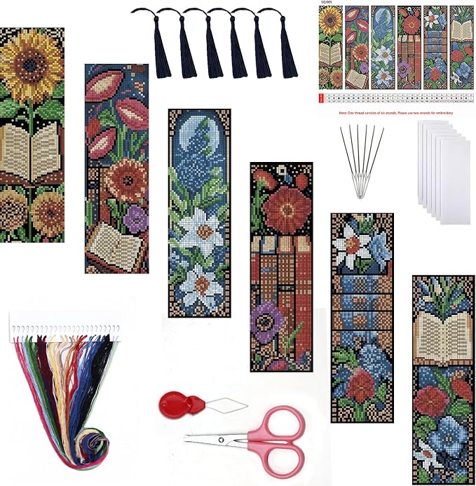 Paintcolor 6PC Mushroom Flowers Counted Cross Stitch Bookmark Kit by Paintcolordiamondpainting
