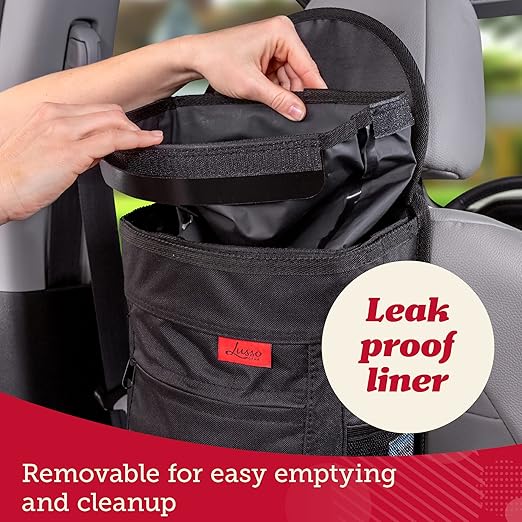 Lusso Gear Spill-Proof Car Trash Can (2.5 Gal, 2 Pack) - Easy to Clean Hanging Garbage Bin - Leak-Proof Lid, Removable Liner, Waterproof - Keeps Truck, SUV, Car, Minivan Clean & Odor Free (Black)