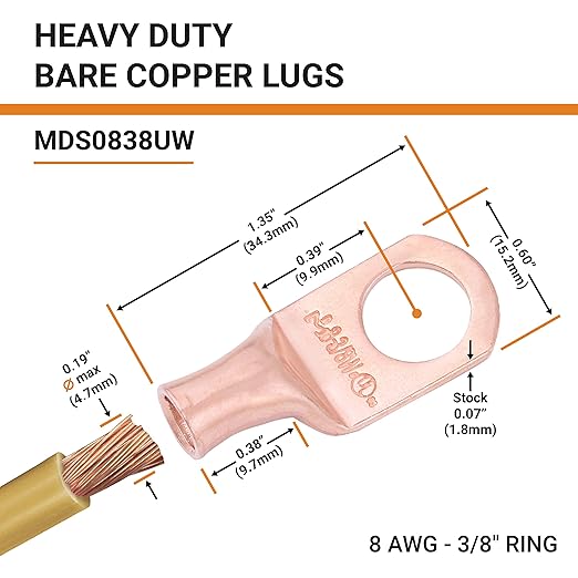 SELTERM 25pcs 8 AWG 3/8" Stud Battery Lugs, Ring Terminals, Heavy Duty Copper Wire Lugs, Battery Cable Ends, 8 Gauge Ring Terminal Connectors, UL Bare Copper Eyelets Electrical Battery Cable Lugs