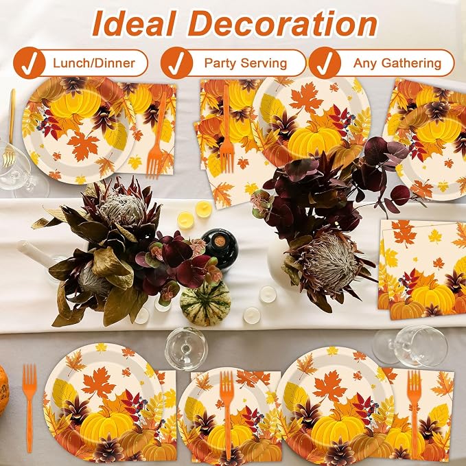 50 Guests Thanksgiving Fall Plates and Napkins Party Supplies Autumn Leaves - Image 7