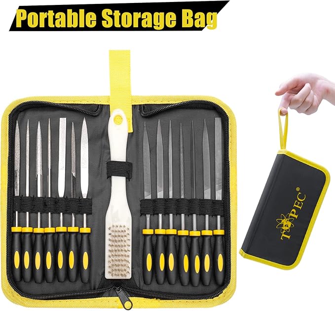 Topec Small File Set, Needle Diamond Files 15PCS, 7pcs Jewlers Files & 7pcs Steel Files with Metal Brush and Storage Bag，for Precision Metal File Work, Wood, Jewelry, Plastic, DIY Carving Tool Kit