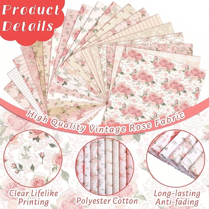 HunnmingRe 20 Pcs 10''x10'' Vintage Rose Quilting Fabric Square Bundle Retro - Image 4