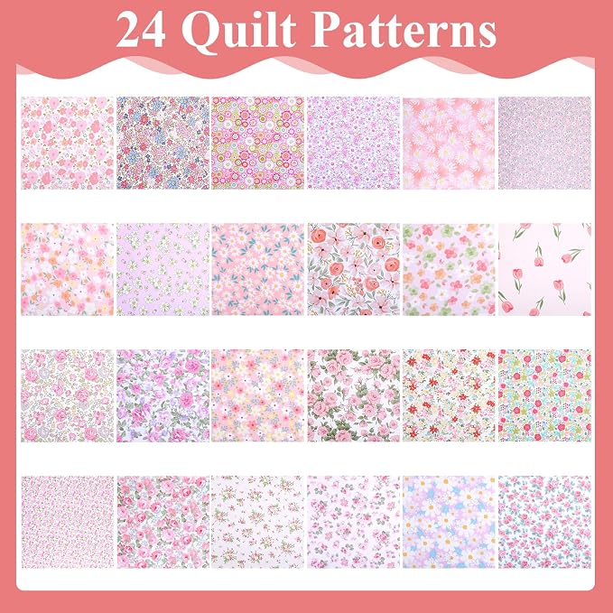 48 Pcs 10 x 10 Inches Pink Floral Cotton Fabric Bundles, Precut Pink Retro - Image 3