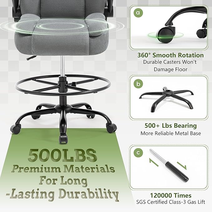 500LBS Drafting Chair, High Back Safer Standing Desk Chair, Executive Tall Office Chair with Flip-up Armrests, Upholstered Fabric Task Chair, Ergonomic Seat with Adjustable Height&Foot Ring, Grey