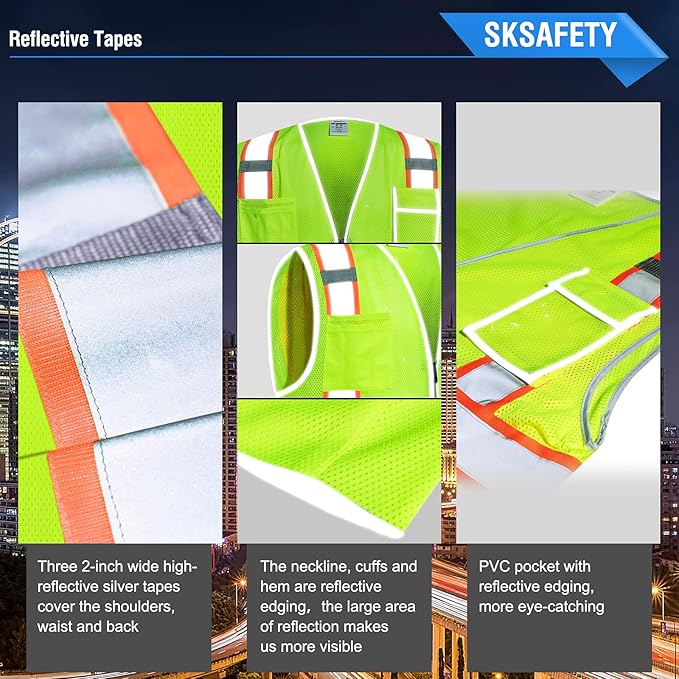 SKSAFETY 10 Pockets Safety Vest, Class 2 High Visibility Security with Zipper Double-sided mesh, Hi Vis Vest with Reflective Strips, ANSI/ISEA Standard, Construction Work Vest （Lime, M