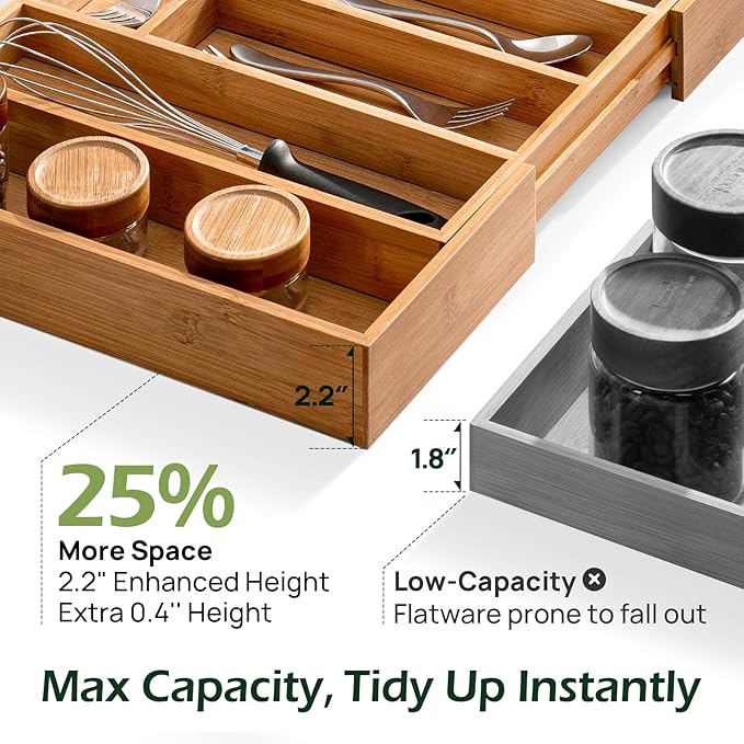 6-Piece Bamboo Drawer Organizer Set, 2.2" Deep | Multi-Use Organizers for Utensils, Silverware, Cutlery, Desk, Bathroom, Junk Drawer & Makeup, Non-Slip Feet Included.
