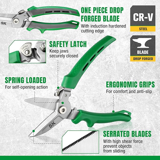 SK 8" Heavy Duty Scissors, All Purpose Shears, Drop Forged CR-V Blades with Safety Lock, Comfortable Grips