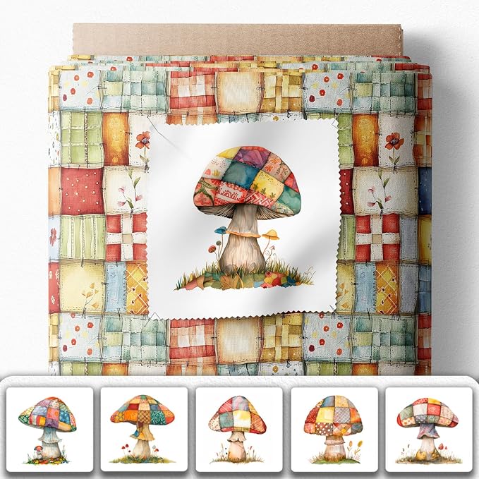 Patchwork Mushroom Cotton Fabric Panel – 6 Designs + Bonus Sheet 29.5×19.6 inch - Image 2