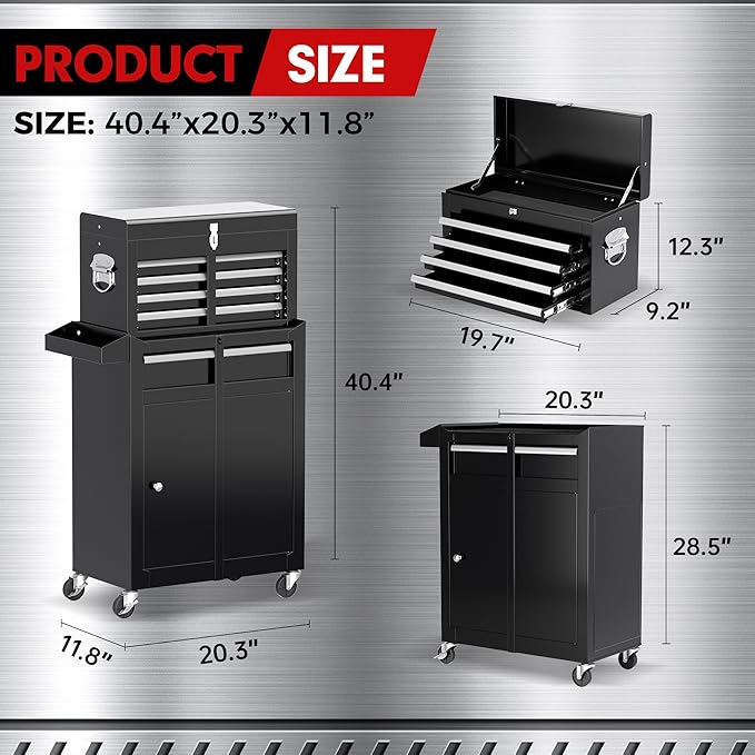 Crownland 5-Drawer Rolling Tool Chest with Wheels, Lockable 2 in 1 Detachable Tool Cabinet wit Drawers and Black Liners, Garage Top Toolbox & Bottom Storage Cart with Side Hooks(Black)