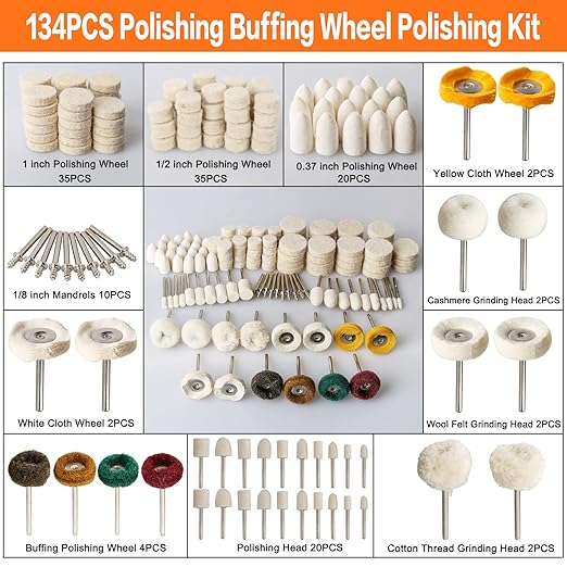 134PCS Polishing Buffing Wheel Polishing Kit Compatible with Dremel, Polishing Wheel Rotary Tool Accessories with 1/8" Shank, Abrasive Wheel Buffing Polishing Wire Brushes Wool Felt Cotton Mounted